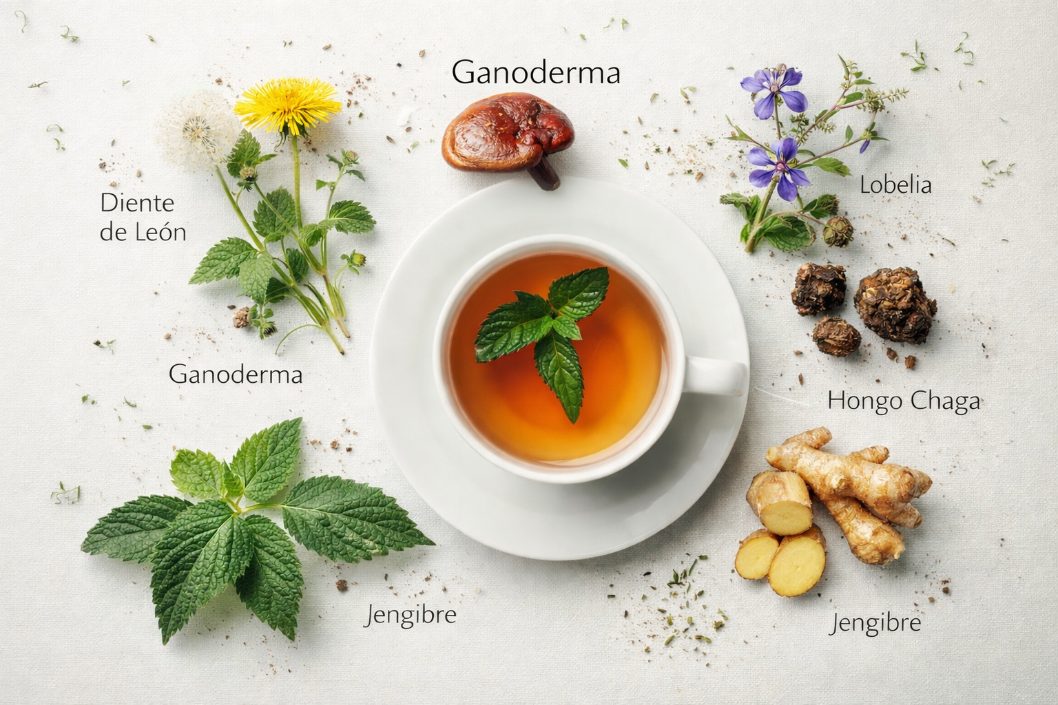 Taza de infusión herbal rodeada de ingredientes naturales: Ganoderma, Diente de León, Lobelia, Hongo Chaga y Jengibre