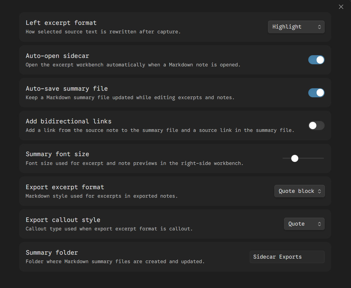 Sidecar Notes settings panel
