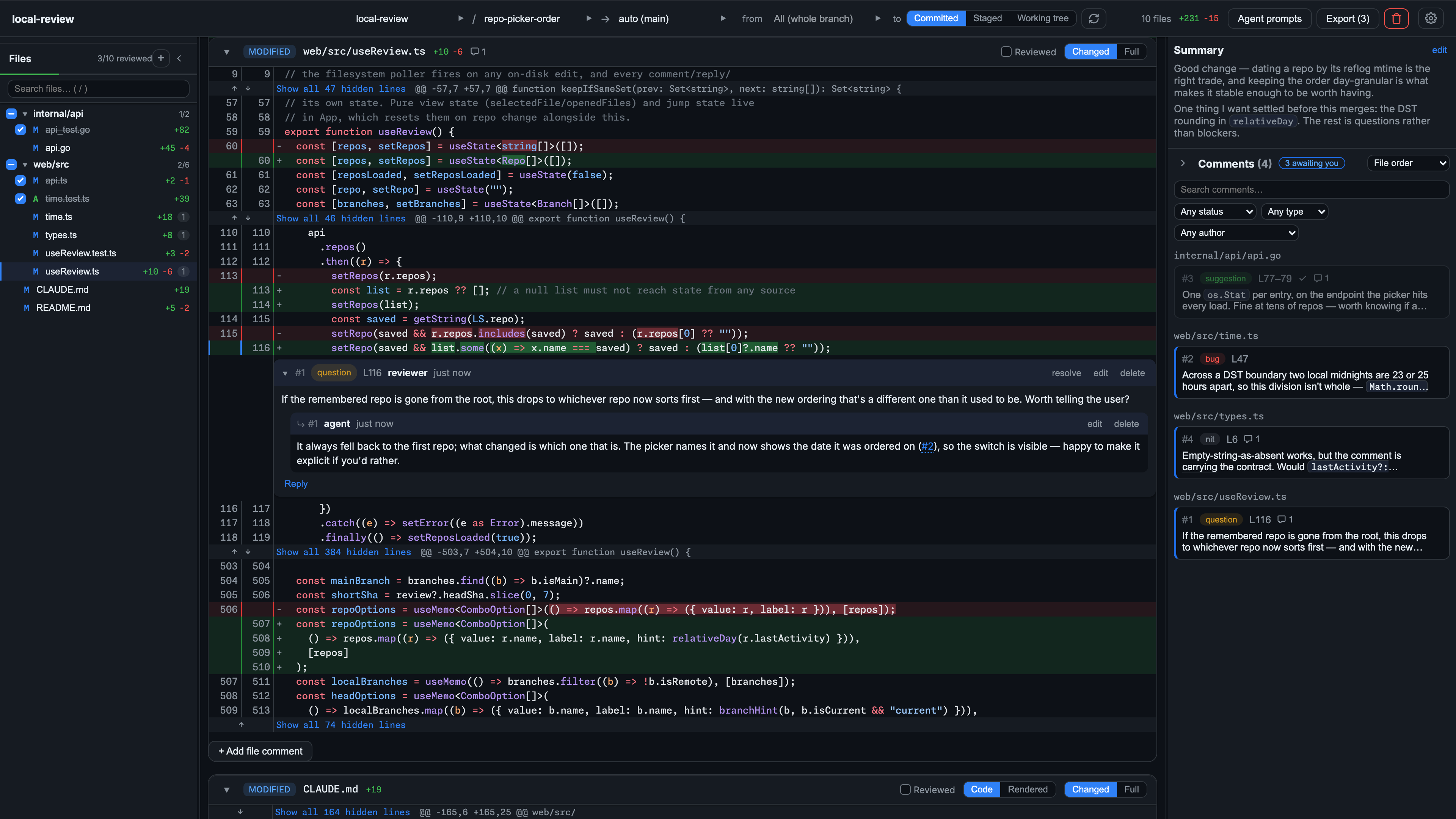 local-review reviewing a branch diff: file tree with reviewed checkboxes on the left, a syntax-highlighted diff in the center, and the comments panel on the right