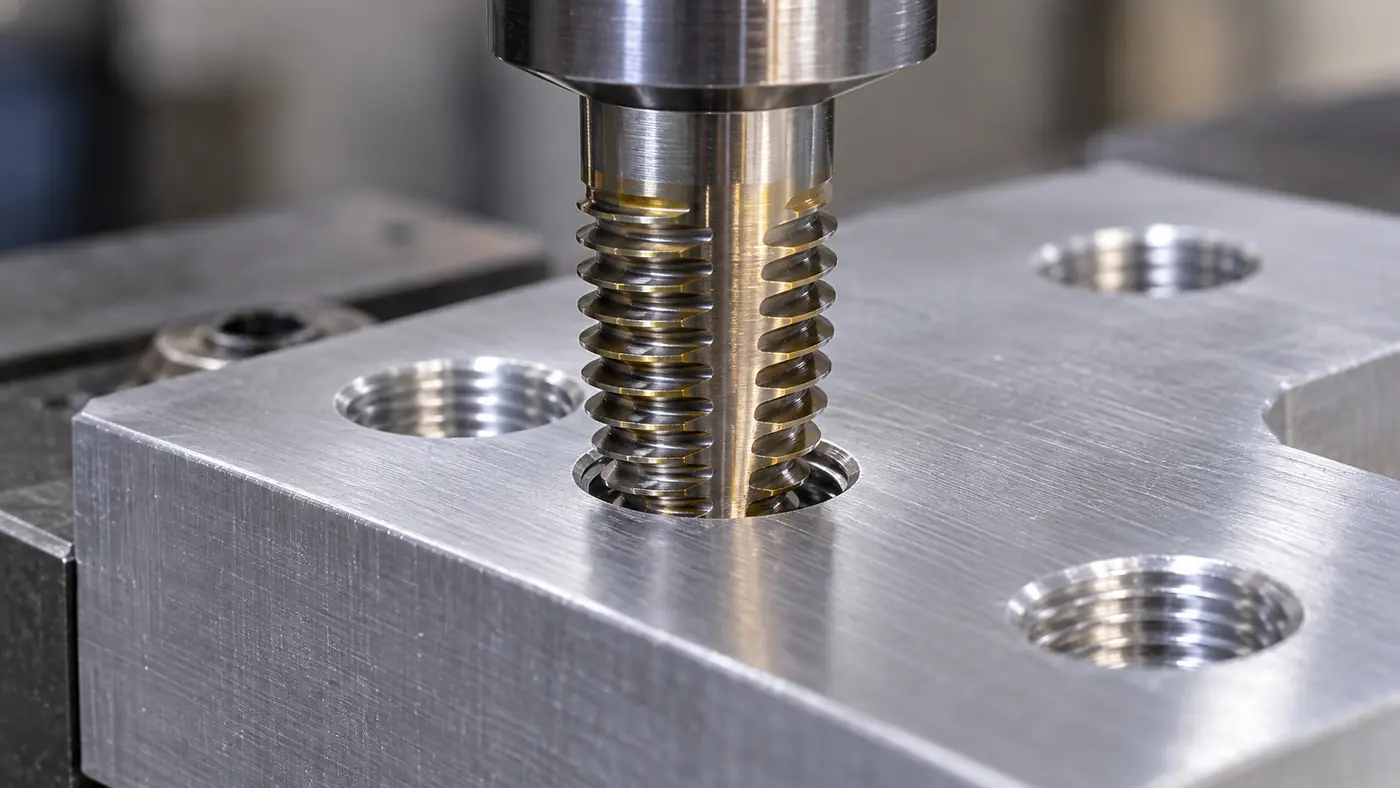 Thread-forming tap displacing ductile aluminum to create an internal thread