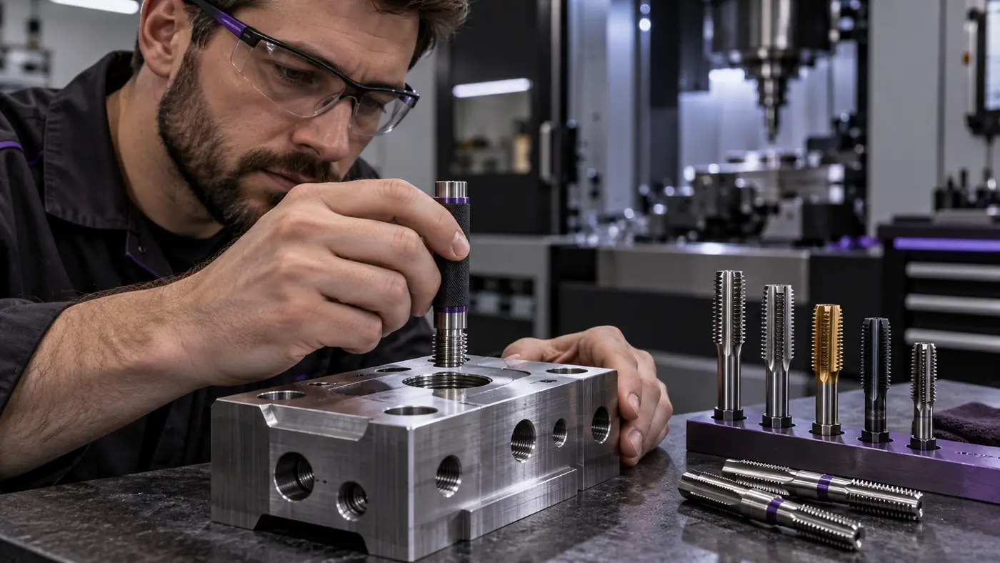 Machinist checking a tapped thread with a plug gauge