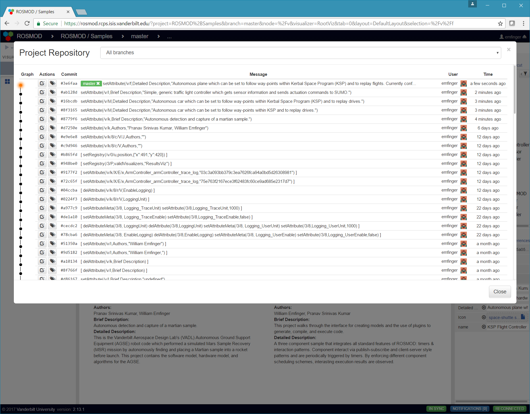 Project history view with branching and tagging