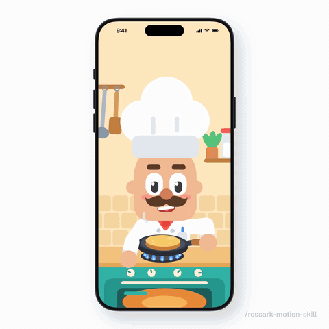 A chef flips a pancake; the second flip goes too high, lands on his hat, wobbles, slides off and he catches it in the pan