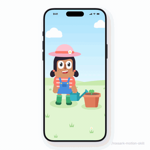 A girl in a sun hat waters a sprout; it grows and blooms, a butterfly lands on the flower, she hops with joy, then the petals fall and the sprout returns