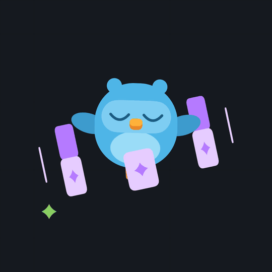 A round bird with closed eyes floats while a tilted ring of cards orbits around it, with sparkles twinkling
