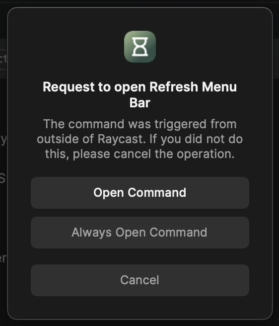 Screenshot of the confirmation modal to allow command triggers from outside of Raycast