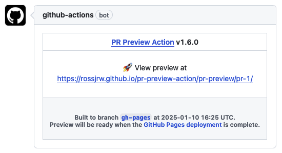 github-actions bot user leaving a comment on a pull request with the link to view the site