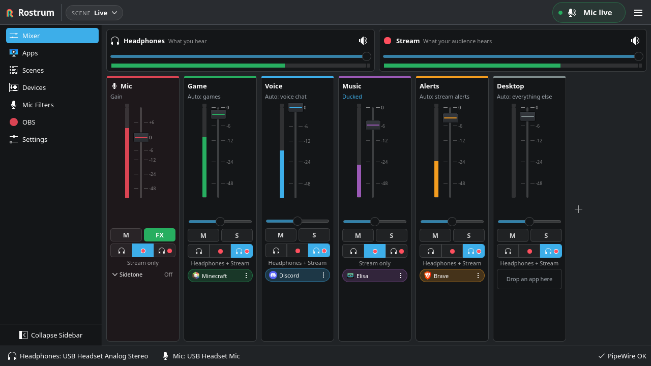 The Mixer: Headphones and Stream masters, then six buses with faders, mute, solo, destinations and the apps on each bus