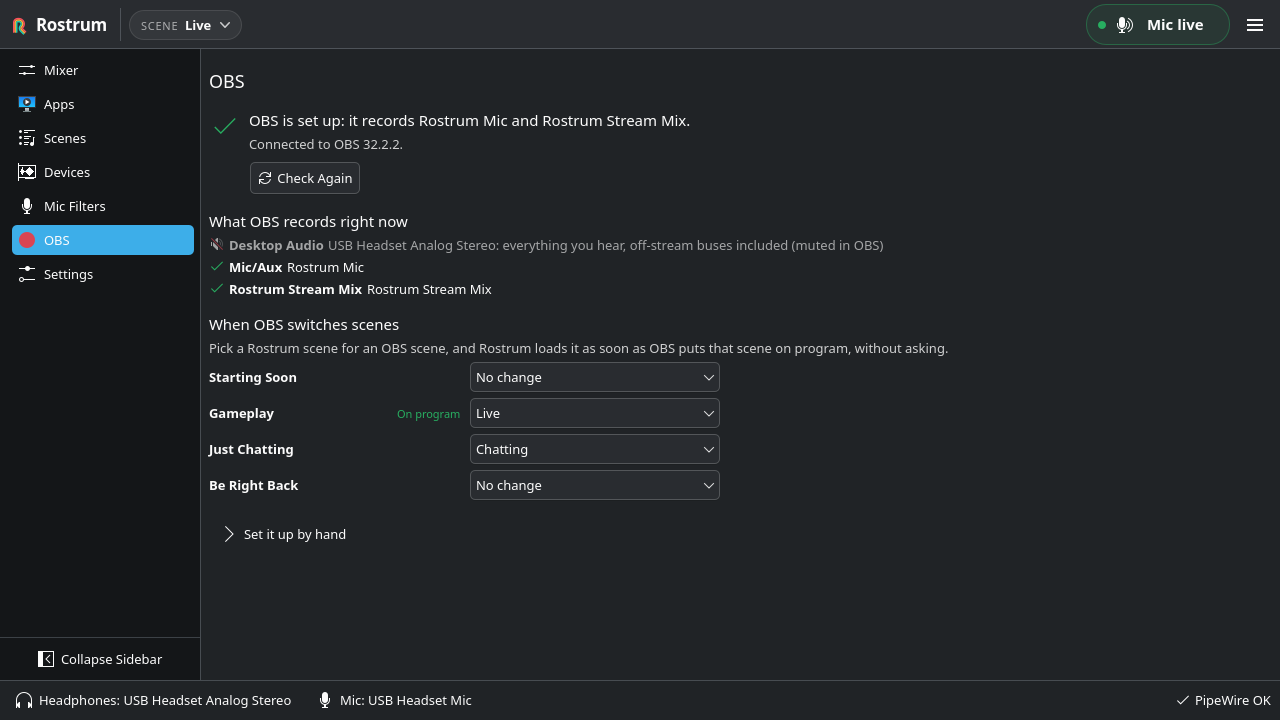 The OBS page: OBS is set up, and the list of what OBS records right now