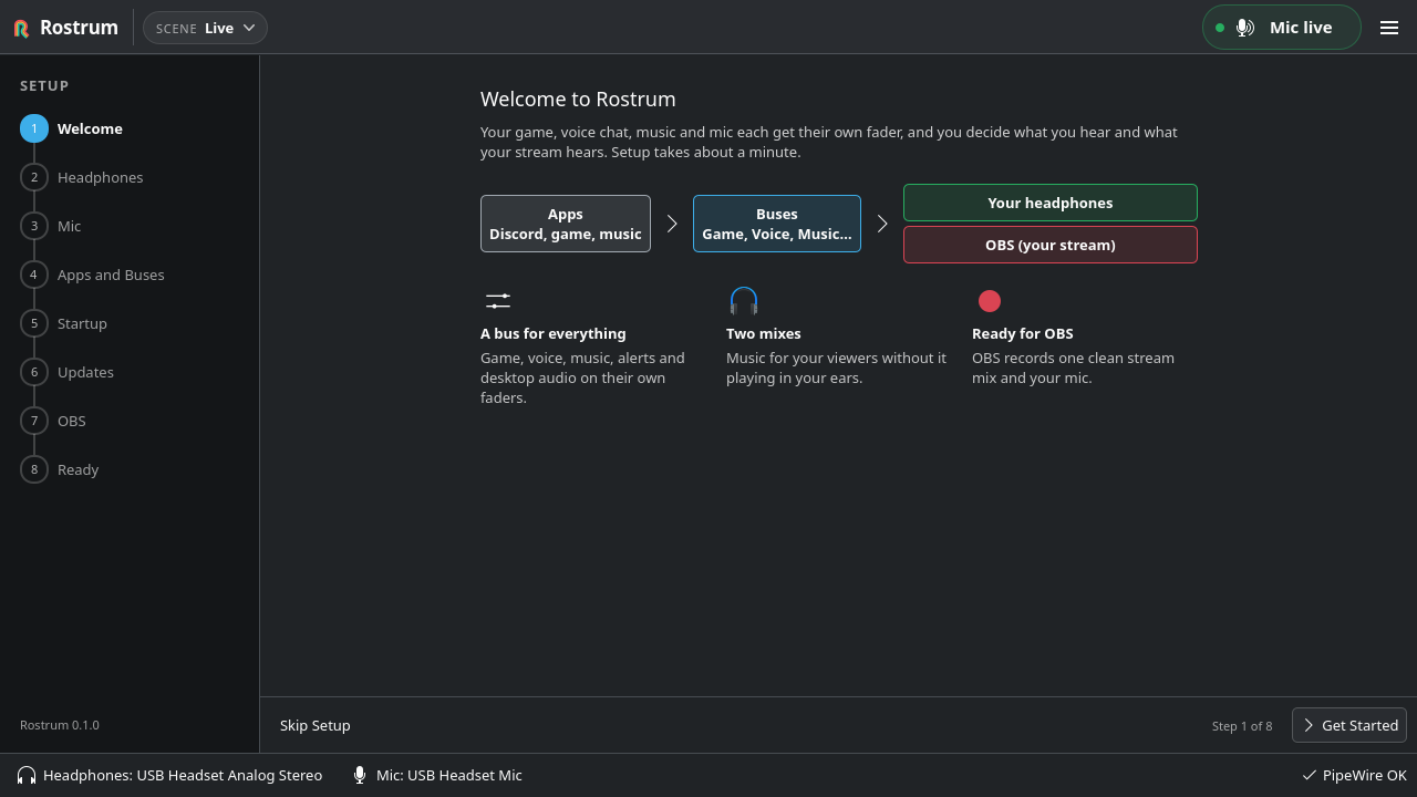 First-time setup, step 1 of 7: a step list on the left, and how apps go to buses and buses go to your headphones and to OBS