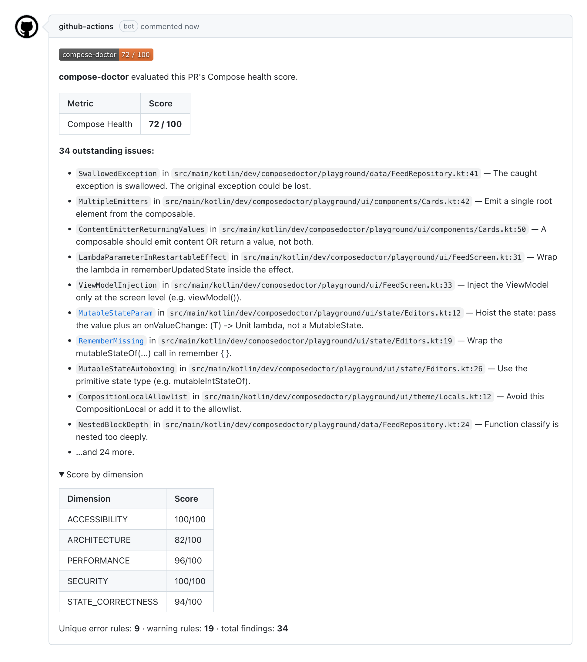 compose-doctor's sticky PR score comment