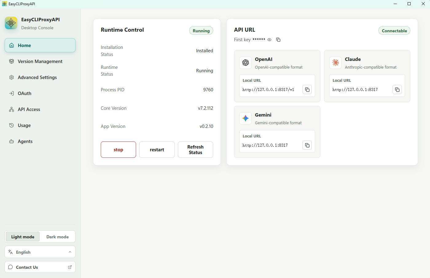 Home dashboard and local API endpoints