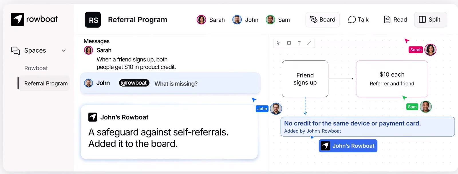 John asks @rowboat what is missing; John's Rowboat answers and adds a safeguard to the shared board