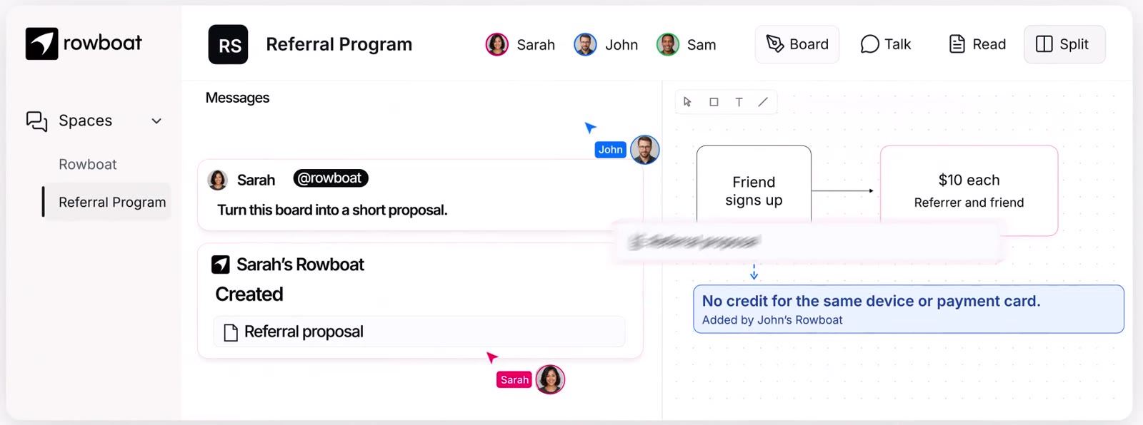 Sarah asks @rowboat to turn the board into a proposal; Sarah's Rowboat creates the Referral proposal file