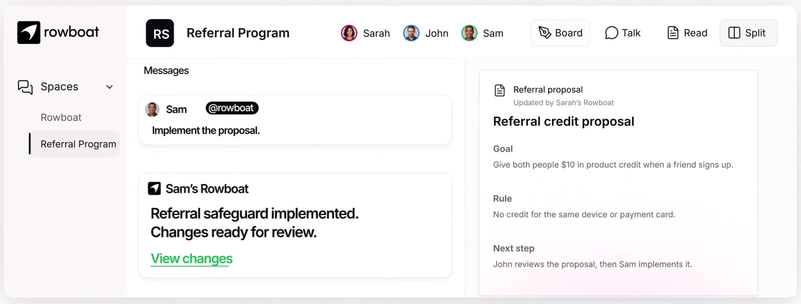 Sam asks @rowboat to implement the proposal; Sam's Rowboat reports the safeguard implemented with changes ready for review