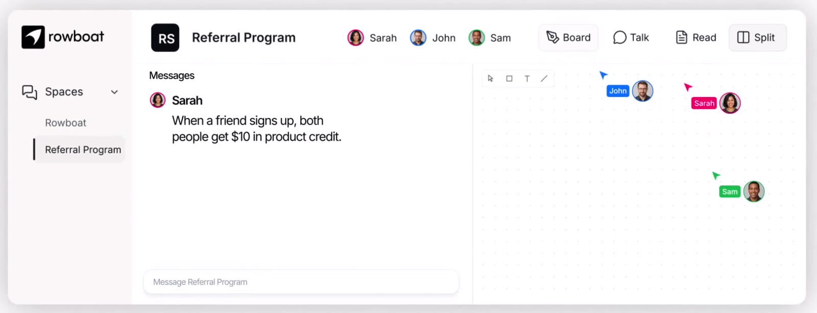 A Space: the Referral Program channel with a shared whiteboard and three teammates' cursors