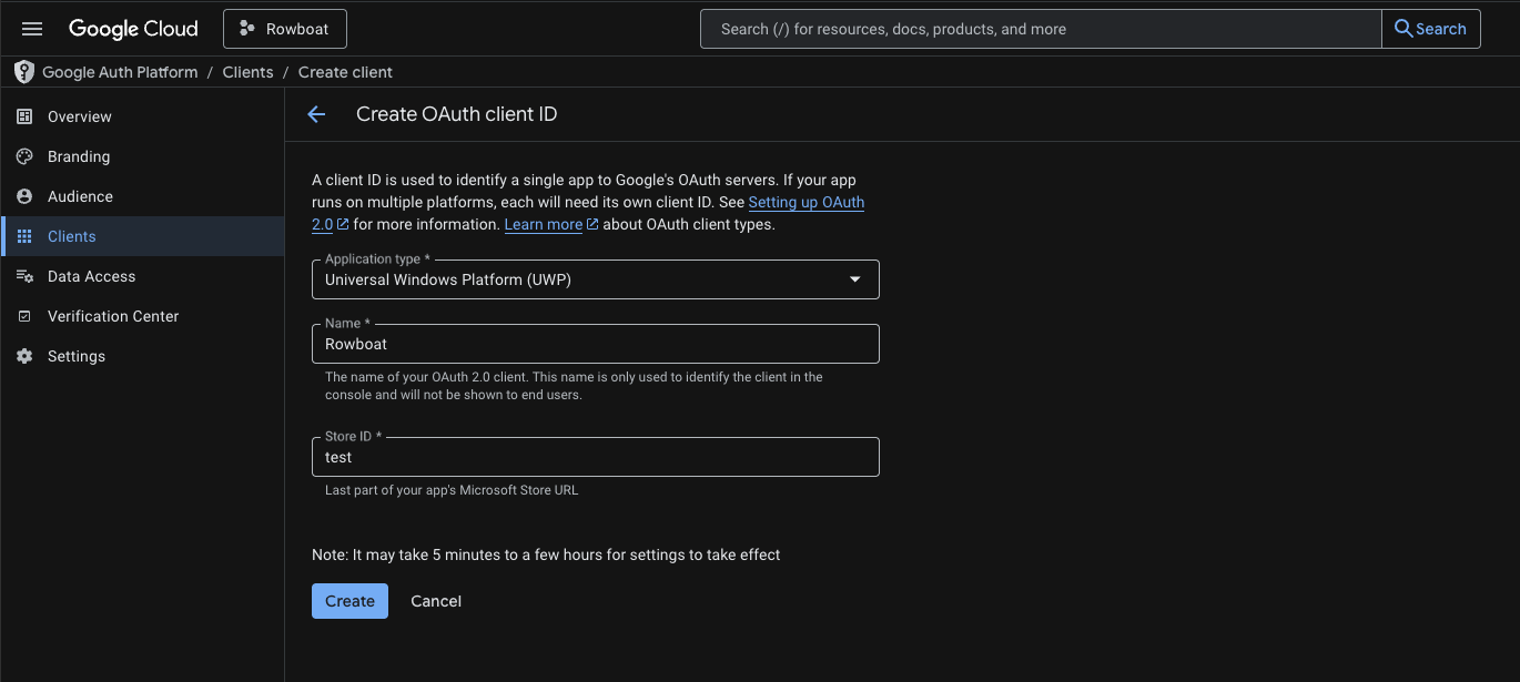 Create OAuth Client ID (UWP) 