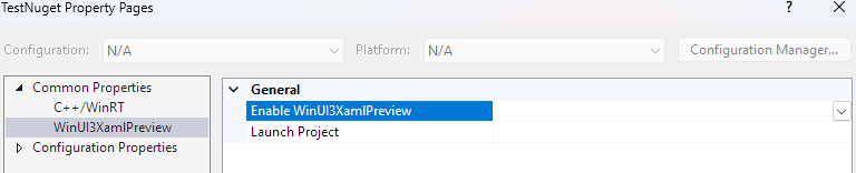 WinUI3XamlPreview's property page in Visual Studio
