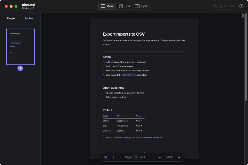 mdEditDiff in Read mode with the dark appearance
