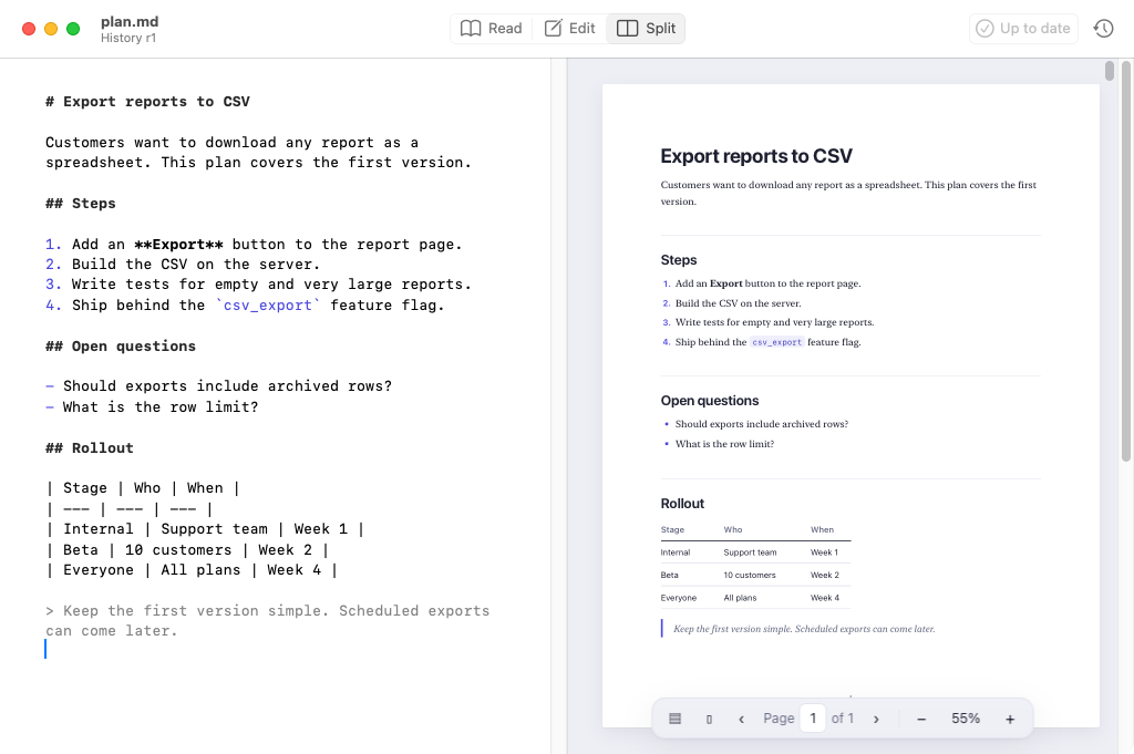 mdEditDiff in Split mode: the Markdown source on the left and the formatted preview on the right