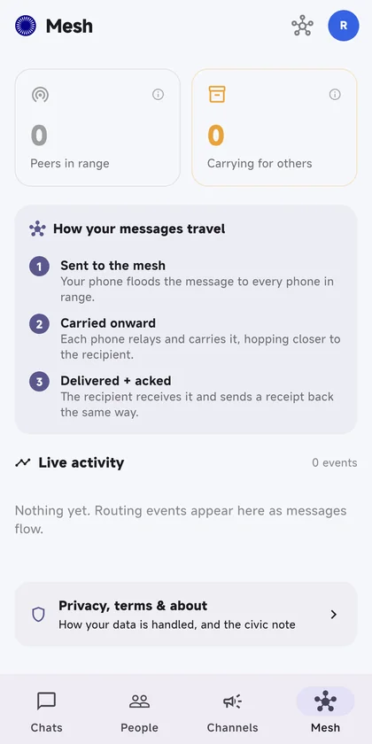 The mesh: peers in range, messages carried for others, and live routing events.