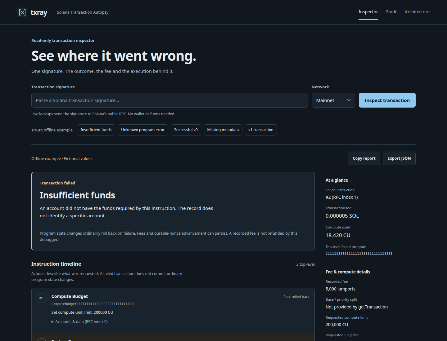 txray explaining a fictional insufficient-funds transaction