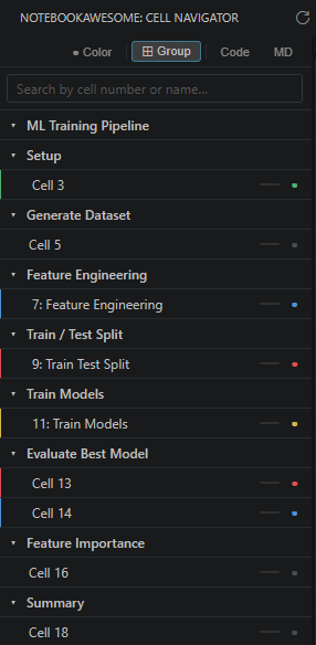 NotebookAwesome Cell Navigator — grouped cells with names, numbers, color tags, and run status