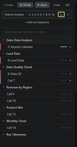Custom run sequences — named lists of cells to run in a chosen order
