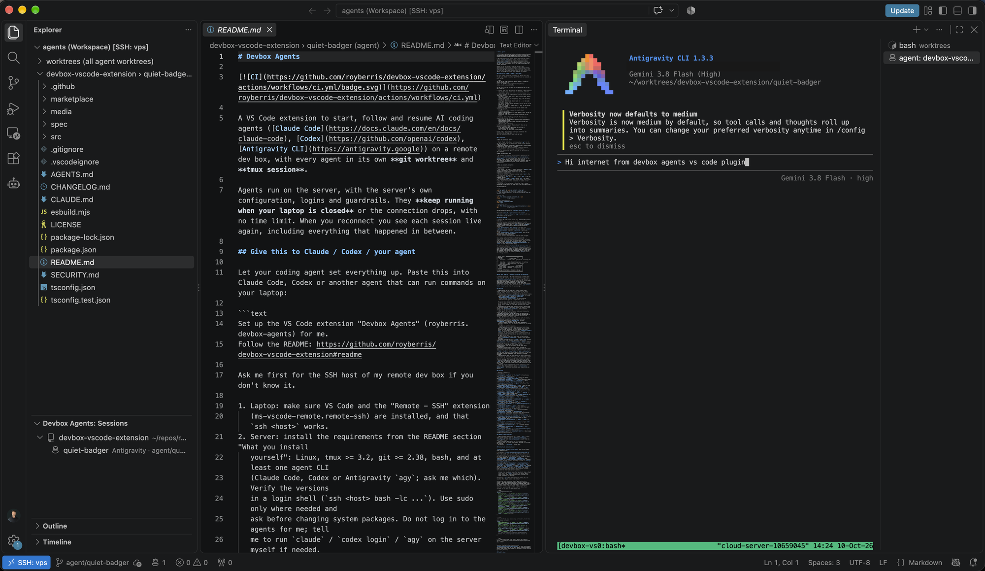 Devbox Agents in VS Code: explorer with the agent sessions on the left, the open file in the middle, the agent's terminal on the right