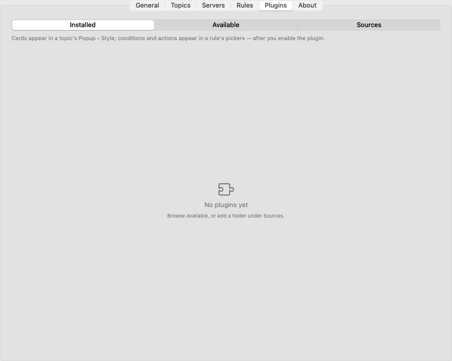 Settings, Plugins tab