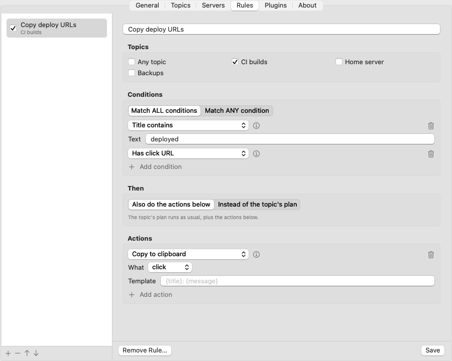 Settings, Rules tab