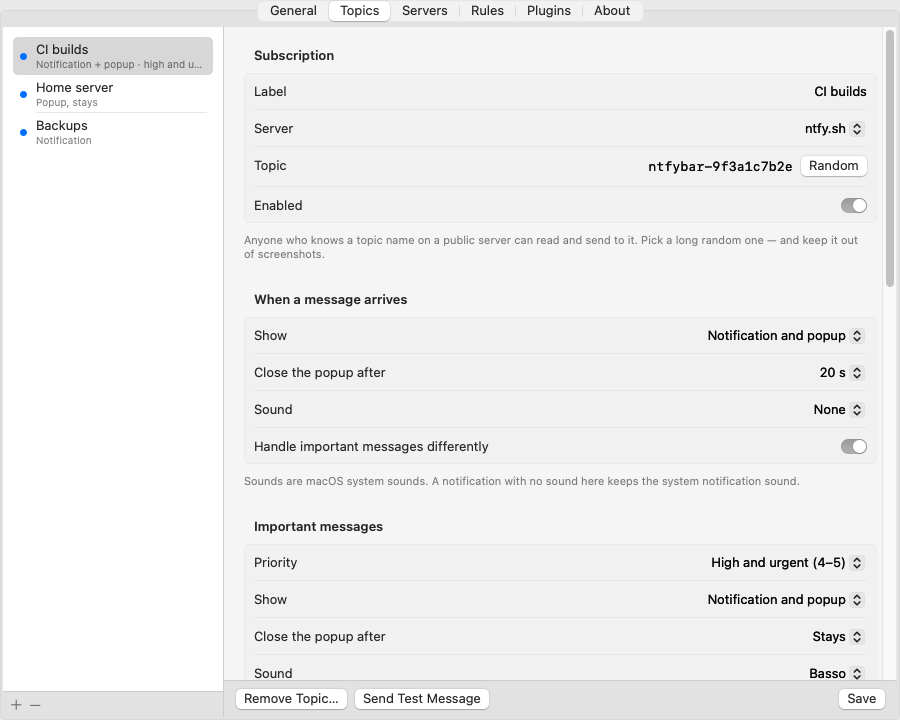Settings, Topics tab