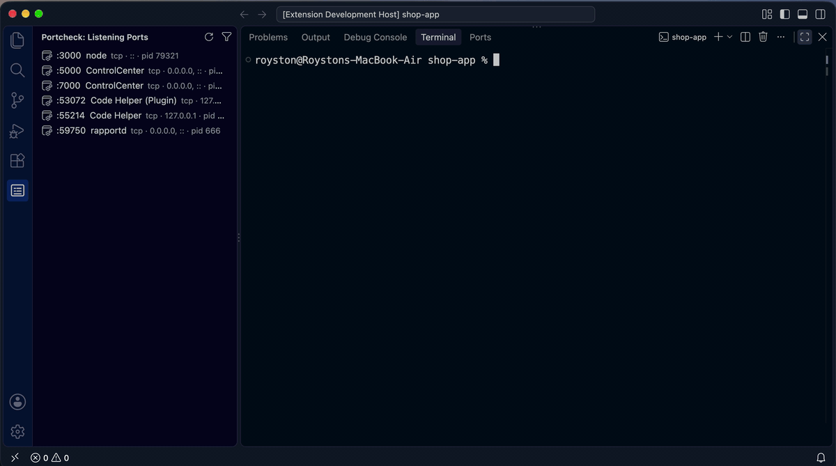 npm run dev fails with EADDRINUSE; portcheck names the process holding port 3000, stops it and re-runs the command