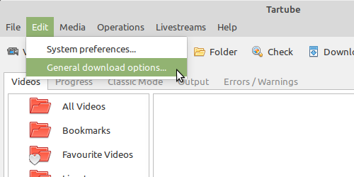 Opening the download options window