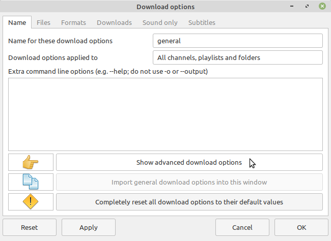 Showing advanced download options