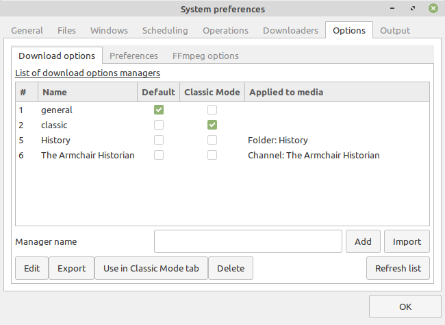 The list of download options