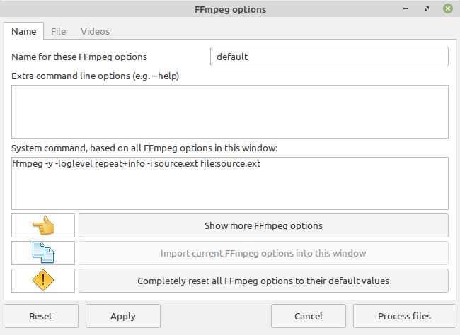 The FFmpeg options window