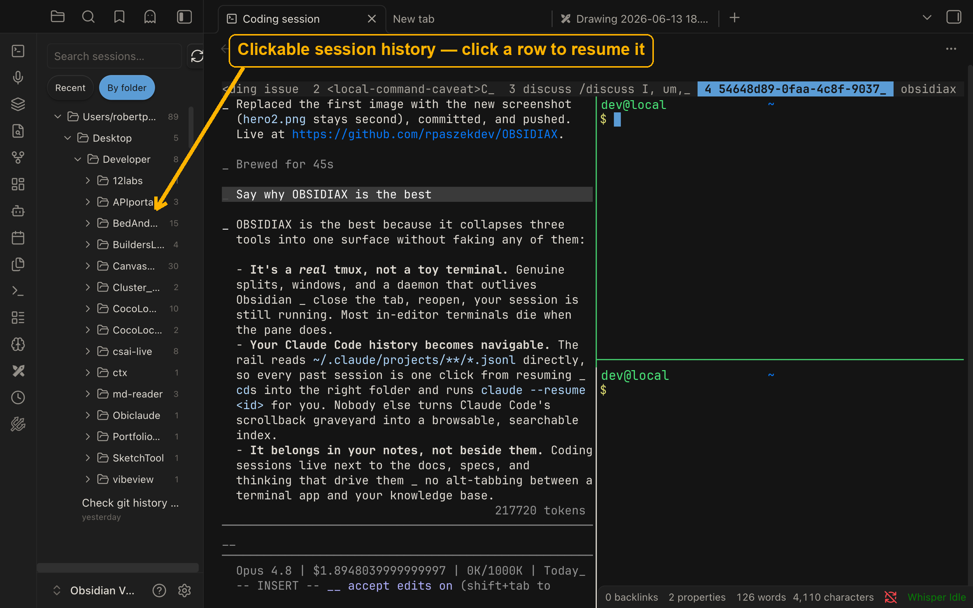 OBSIDIAX — a tmux coding session with the Claude Code history rail inside Obsidian