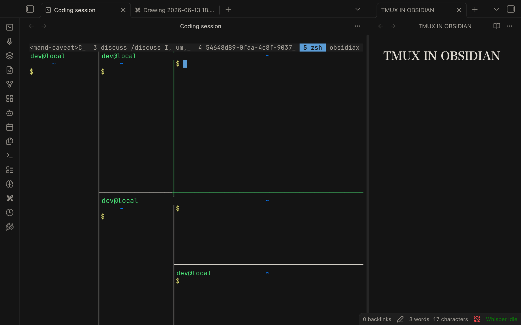 OBSIDIAX — split tmux panes beside a note