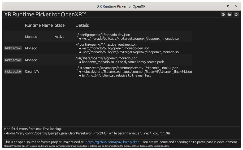 Screenshot of XR Picker (GUI) on Linux