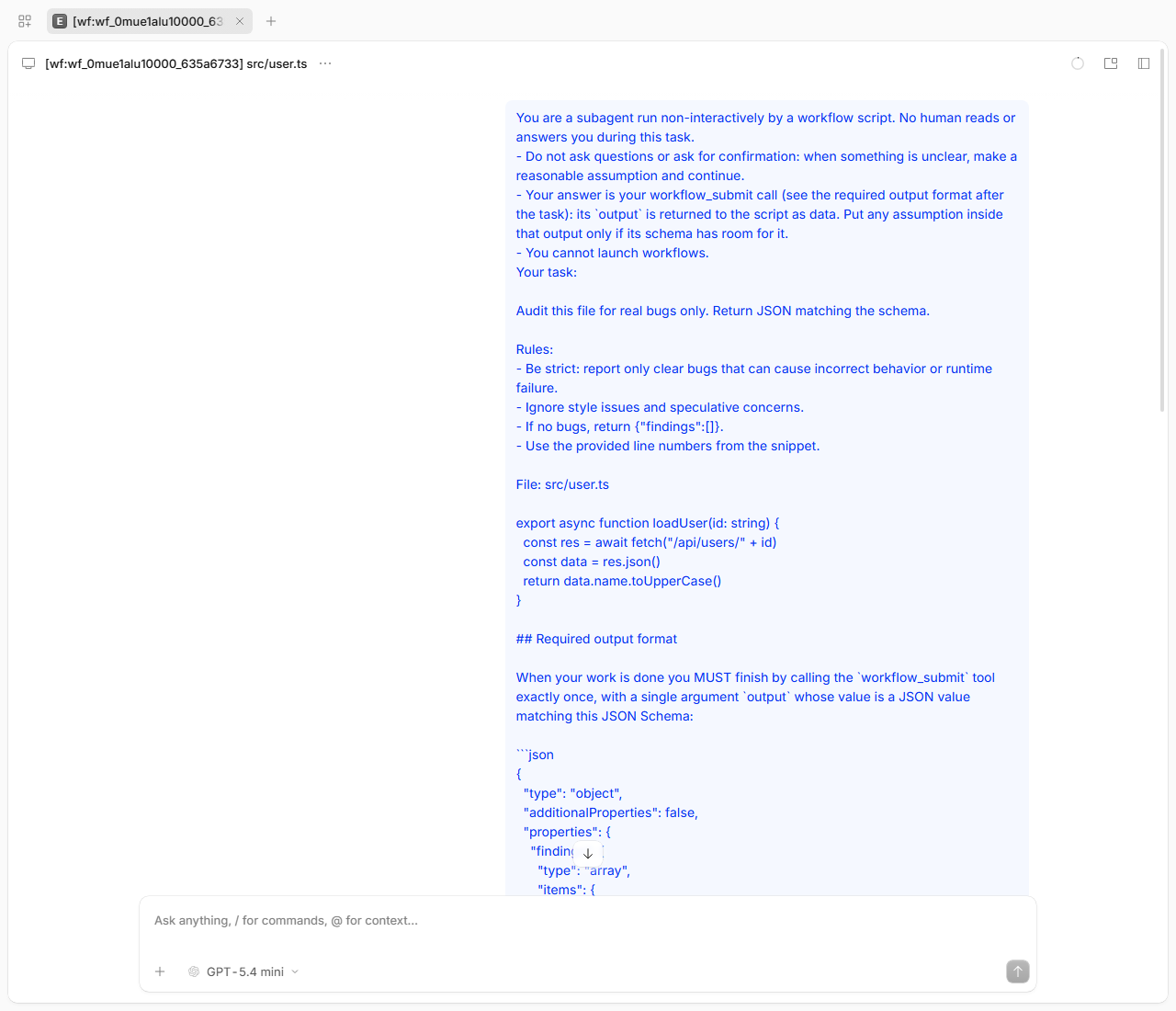 A skeptic child session that ends with its workflow_submit call