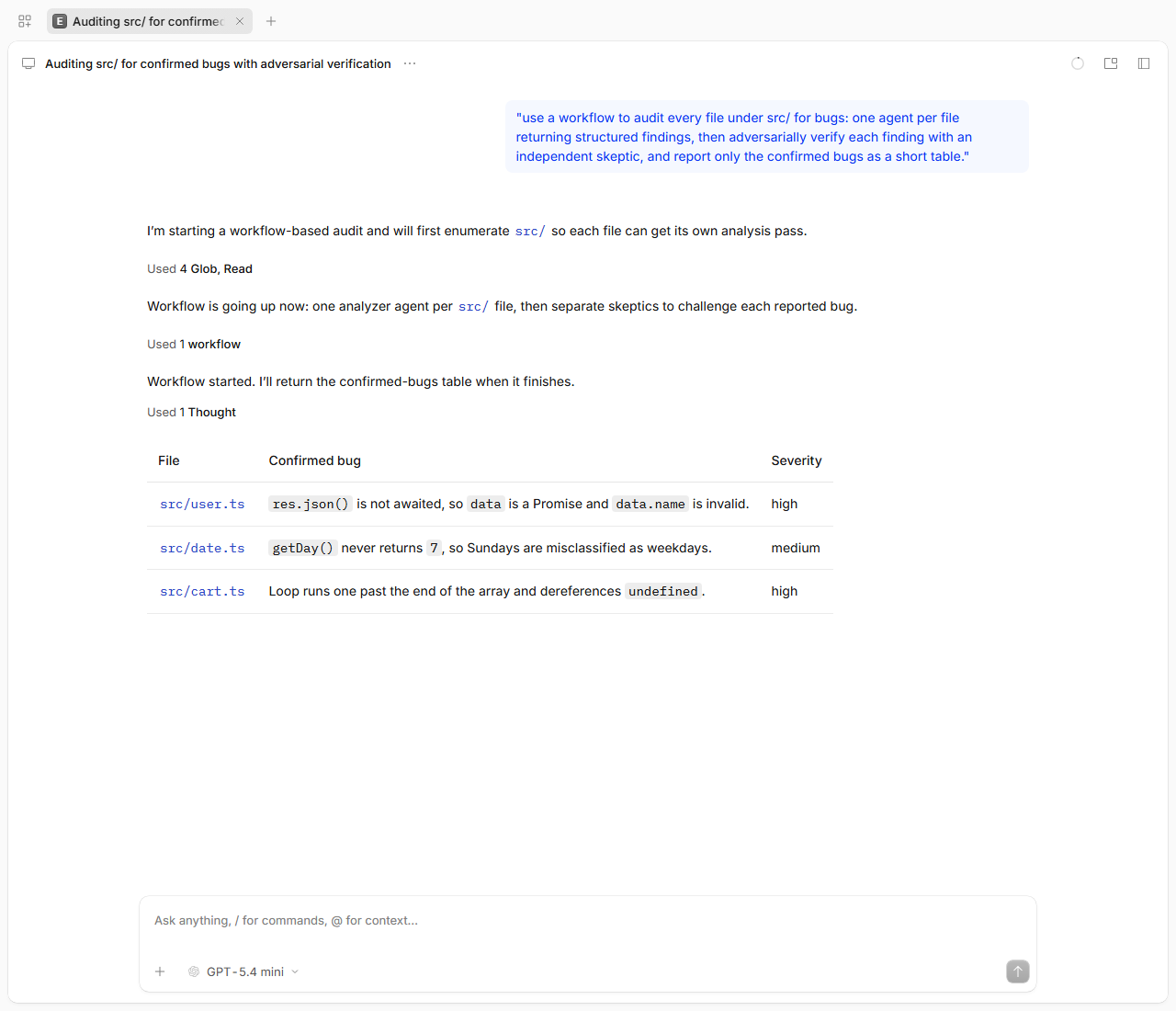 Parent session: the request, the workflow tool call and the confirmed-bugs table from the task notification