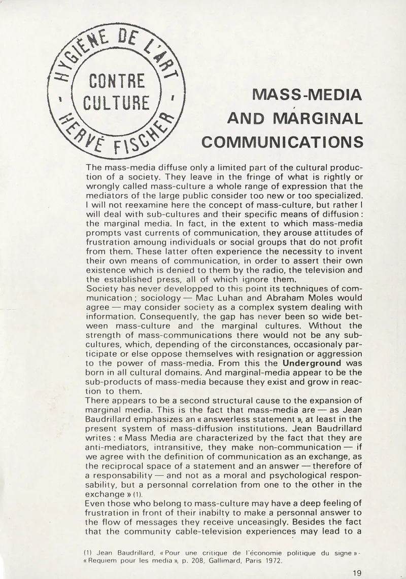 HERVE FISCHER ART ET COMMUNICATION MARGINALE TAMPONS D'ARTISTES 14-26.03.1975