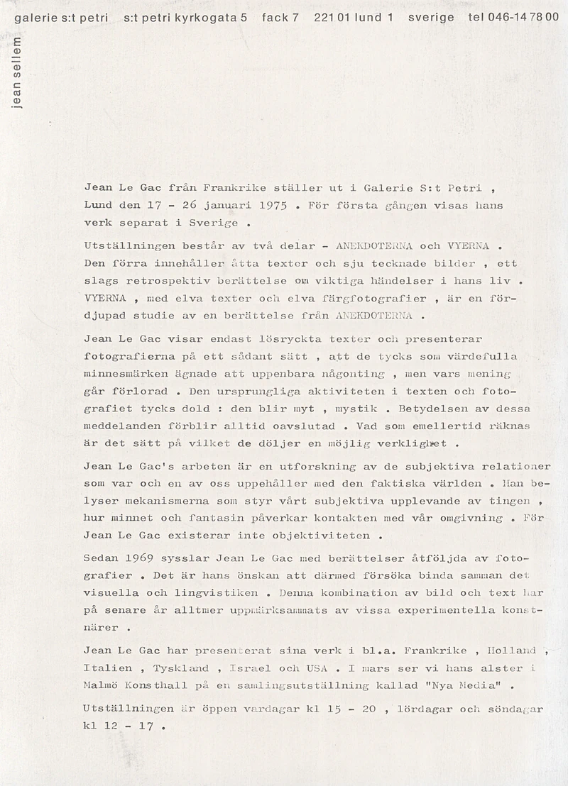 JEAN LE GAC ANEKDOTERNA och VYERNA 17.01-25.01.1975