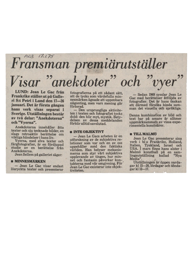 JEAN LE GAC ANEKDOTERNA och VYERNA 17.01-25.01.1975