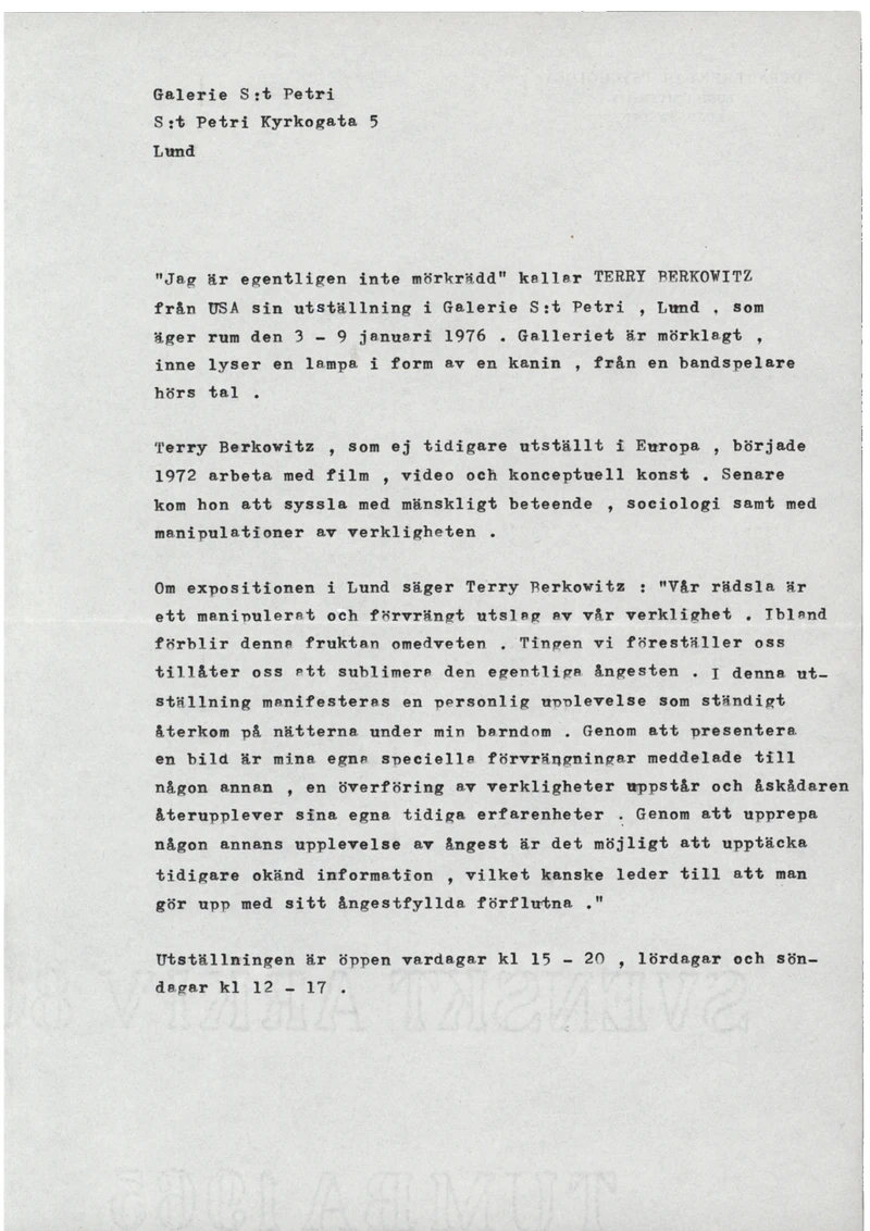 TERRY BERKOWITZ I'M NOT REALLY AFRAID OF THE DARK 03.01 - 09.01.1976