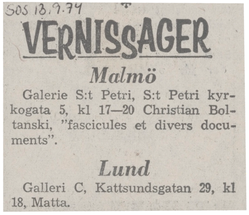 CHRISTIAN BOLTANSKI FASCICULES ET DIVERS DOCUMENTS 13-25.09.1974