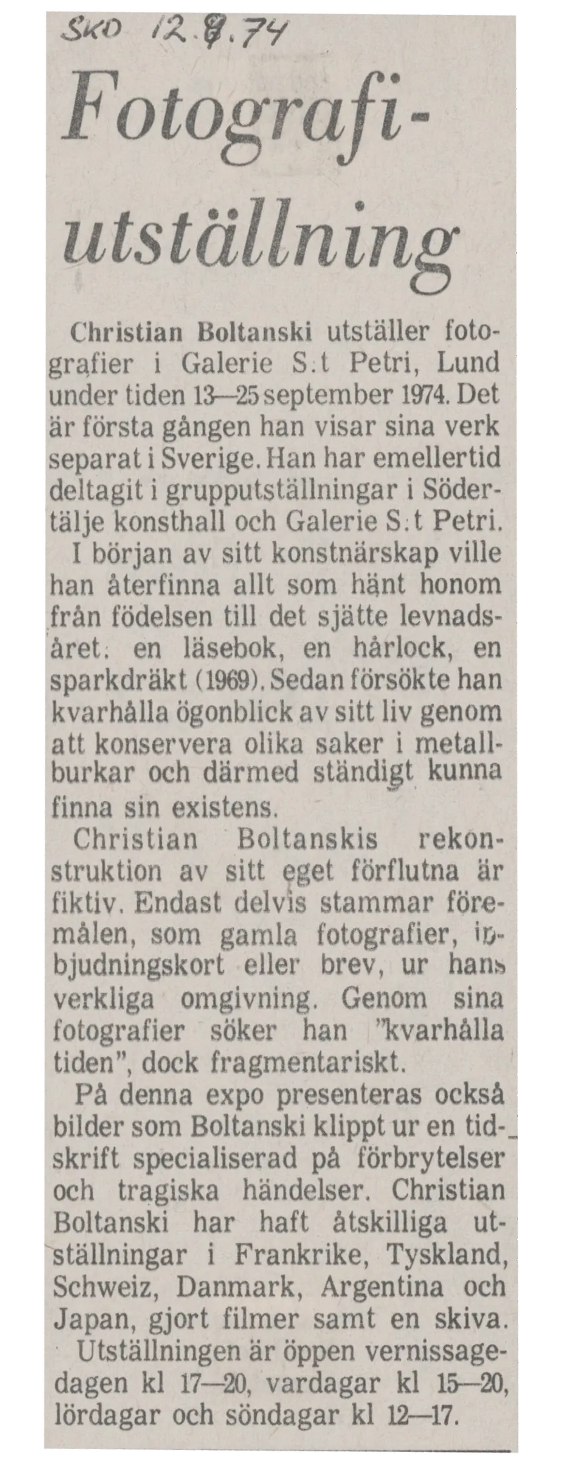 CHRISTIAN BOLTANSKI FASCICULES ET DIVERS DOCUMENTS 13-25.09.1974