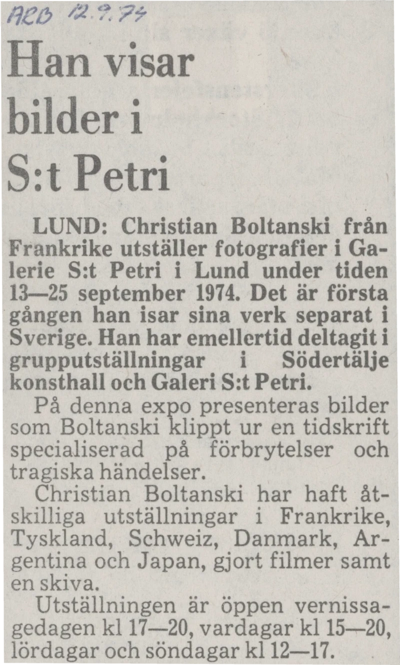 CHRISTIAN BOLTANSKI FASCICULES ET DIVERS DOCUMENTS 13-25.09.1974