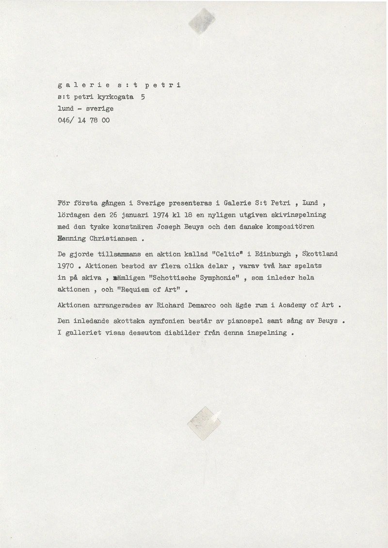 HENNING CHRISTIANSEN 26.01.1974 featuring the German artist Joseph Beuys